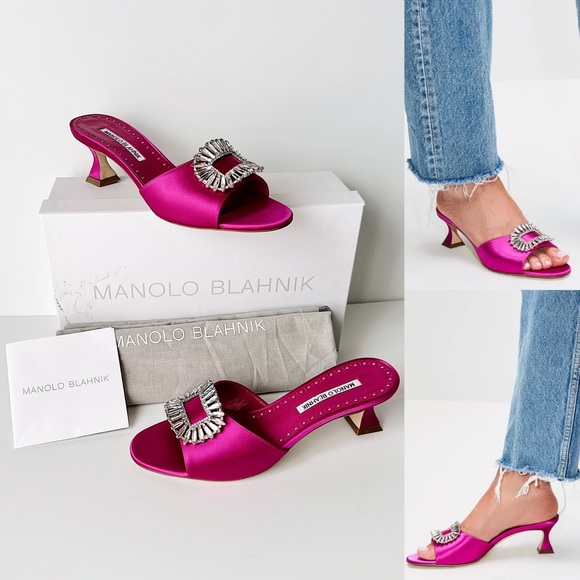 Manolo Blahnik Shoes - ✨New MANOLO BLAHNIK Laalita Satin Crystal Buckle Open Toe Mule Sandals Size 37.5